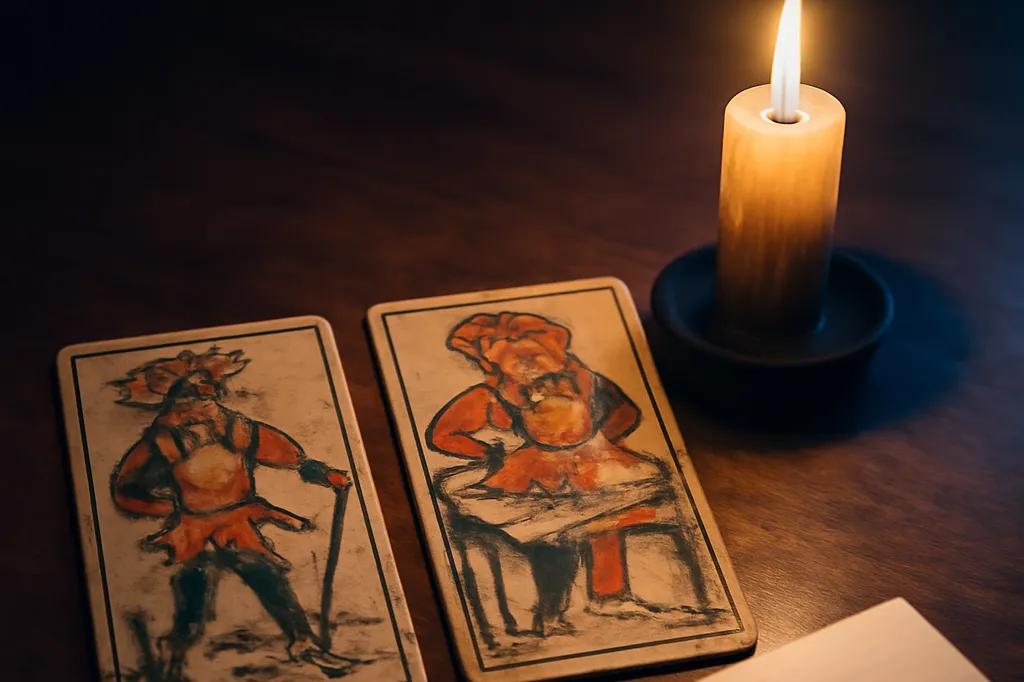 Deux lames de tarot de Marseille posées face visible sur une table de bois sombre, à la lueur d'une bougie