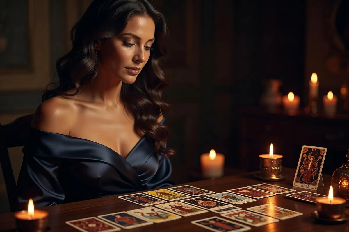 Une jeune femme brune en robe bleu nuit étale des cartes de tarot en croix sur une table éclairée à la bougie