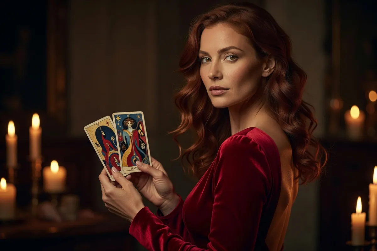 Jeune femme aux cheveux auburn en robe rouge garance, dos nu, tenant deux cartes de tarot devant elle, dans la lumière chaude d'une bougie