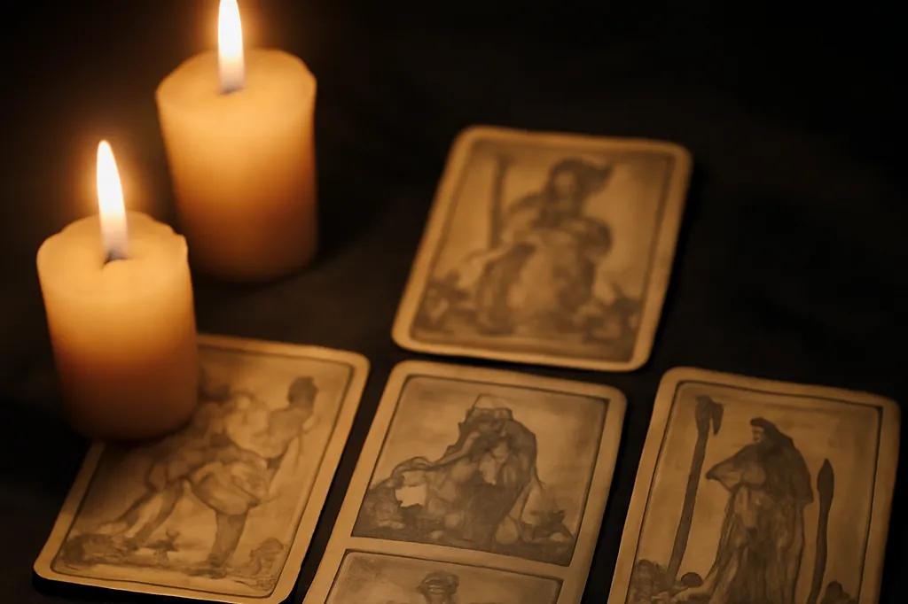 Nature morte de cartes de tarot anciennes étalées en croix sur un tissu sombre, éclairées par deux bougies, sans lettrage lisible