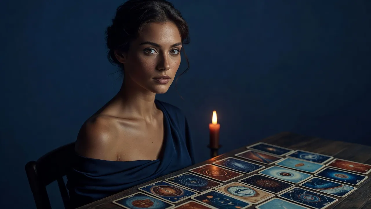 Jeune femme brune en robe du soir bleu nuit, épaules dénudées, assise dans la lumière d'une bougie devant des cartes de tarot étalées sur une table de bois