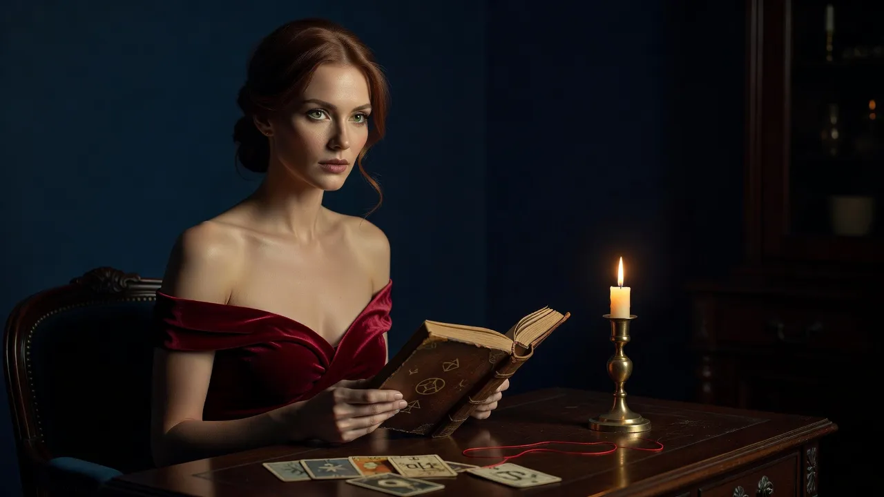 Femme en robe du soir lisant un vieux livre de symbolique à la lueur d'une bougie