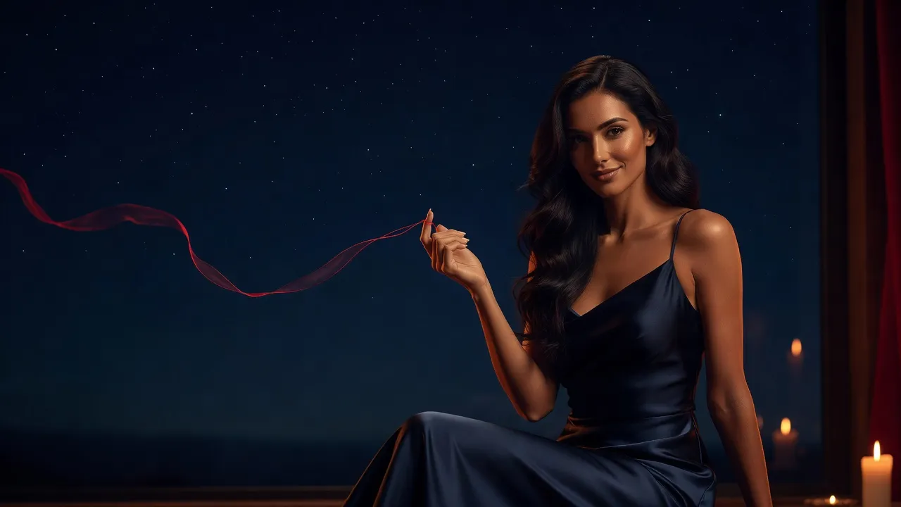 Femme en robe du soir bleu nuit tenant un fil rouge noué à son petit doigt, devant une fenêtre étoilée éclairée à la bougie
