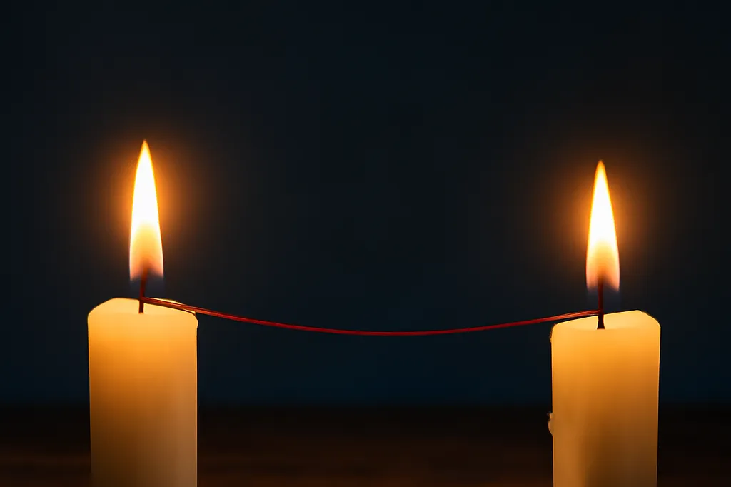Un fil de soie rouge tendu entre deux bougies allumées sur une table de bois sombre, en lumière chaude