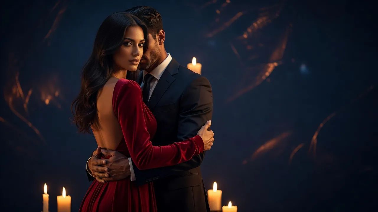Un couple élégant enlacé à la lumière d'une bougie, la femme en robe rouge garance dos nu, sur fond bleu nuit