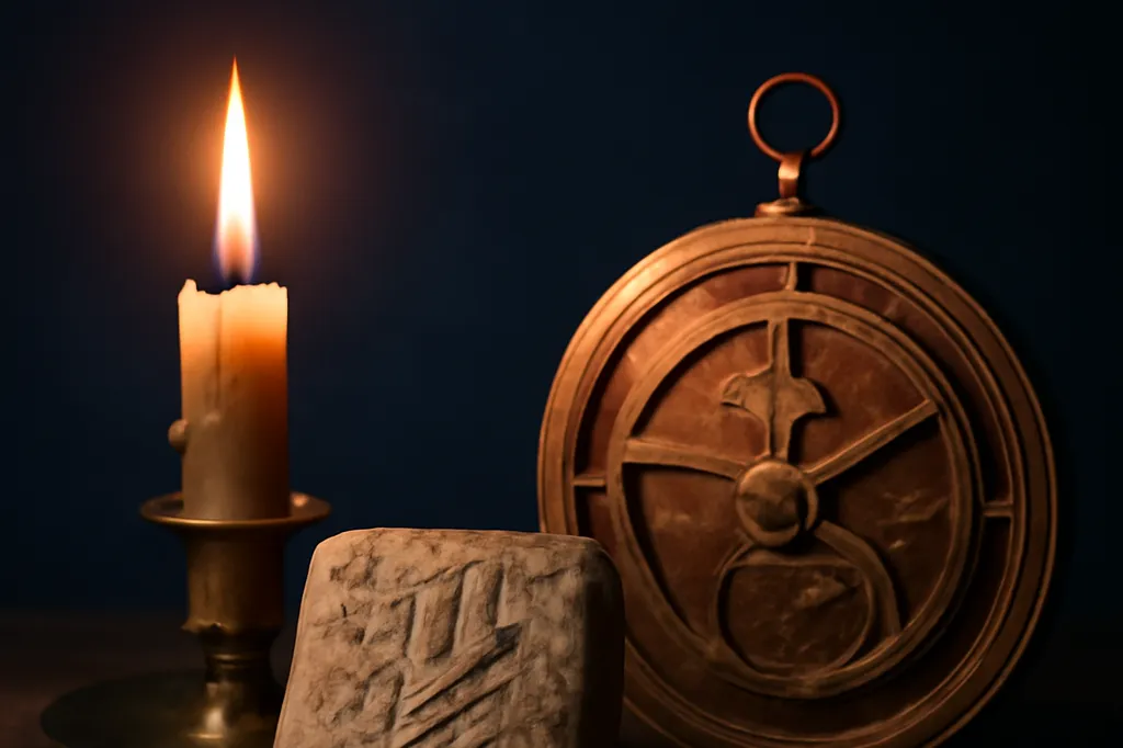 Tablette d'argile gravée posée sur une table sombre à côté d'un astrolabe en laiton, éclairés par une bougie