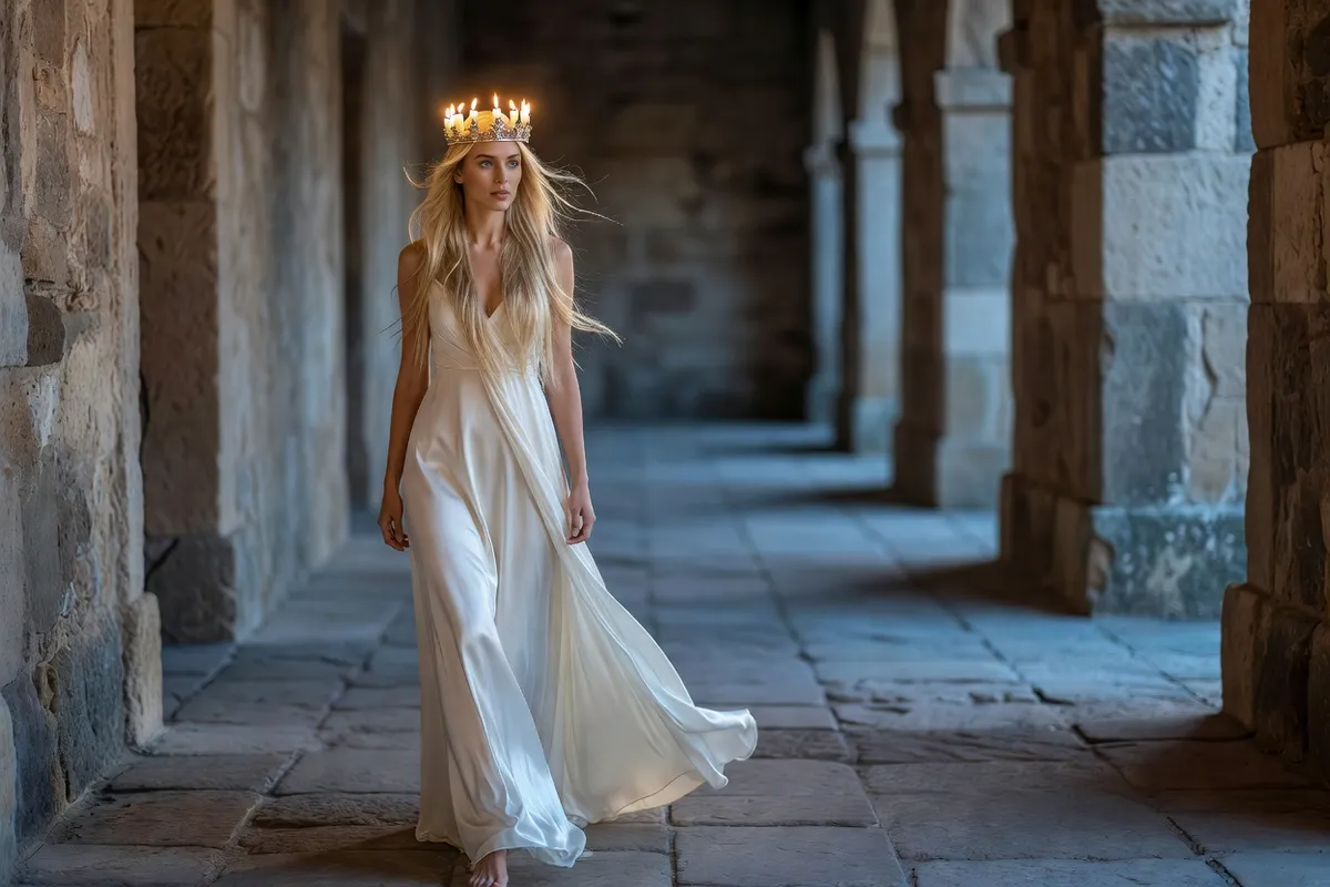 Jeune femme blonde en robe blanche longue, une couronne de bougies allumées sur la tête, marchant dans un couloir de pierre à l'aube