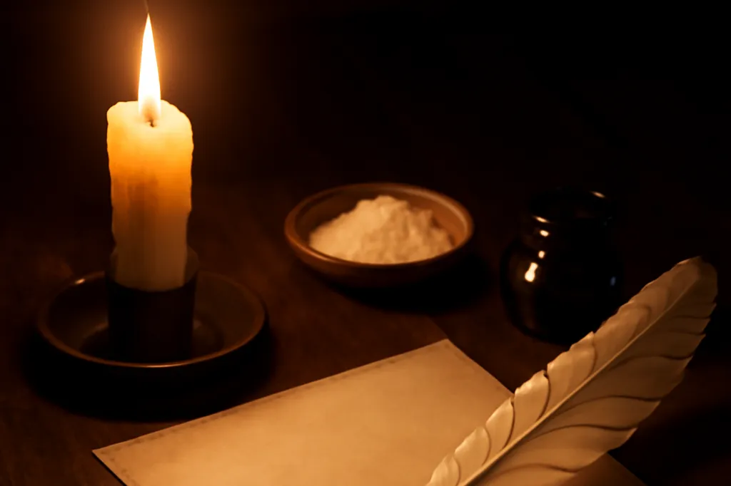 Nature morte : bougie blanche allumée, coupelle de gros sel, plume d'oie, encrier et feuille de parchemin sur une table de bois sombre