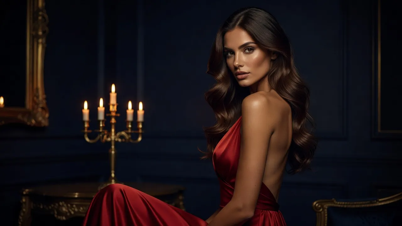 Jeune femme brune en robe longue rouge garance à dos nu, de trois quarts, éclairée par la lueur d'un grand candélabre dans une pièce nocturne