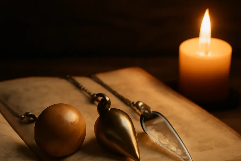 Trois pendules posés sur un vieux livre ouvert : une sphère de buis, une goutte de laiton et un cône de cristal, à la lueur d'une bougie