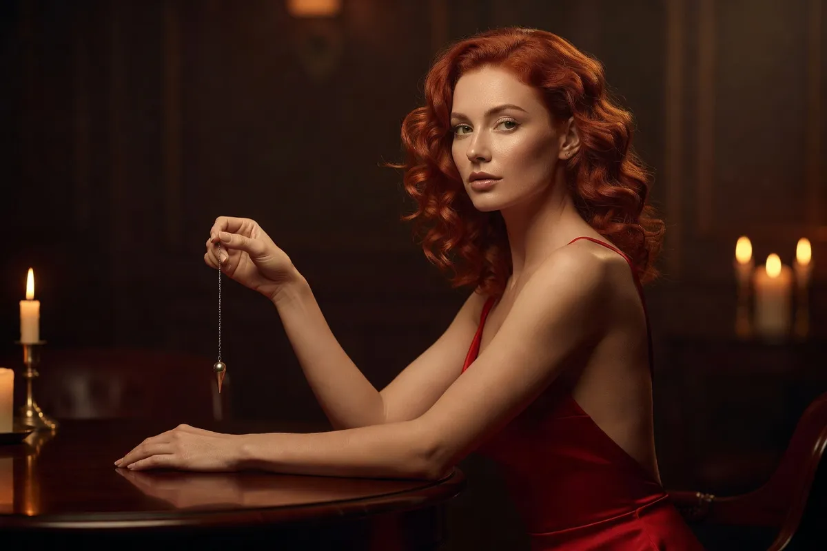 Jeune femme rousse en robe rouge garance, dos nu, tenant un pendule au bout d'un fil entre le pouce et l'index, avant-bras à l'horizontale, dans un salon sombre