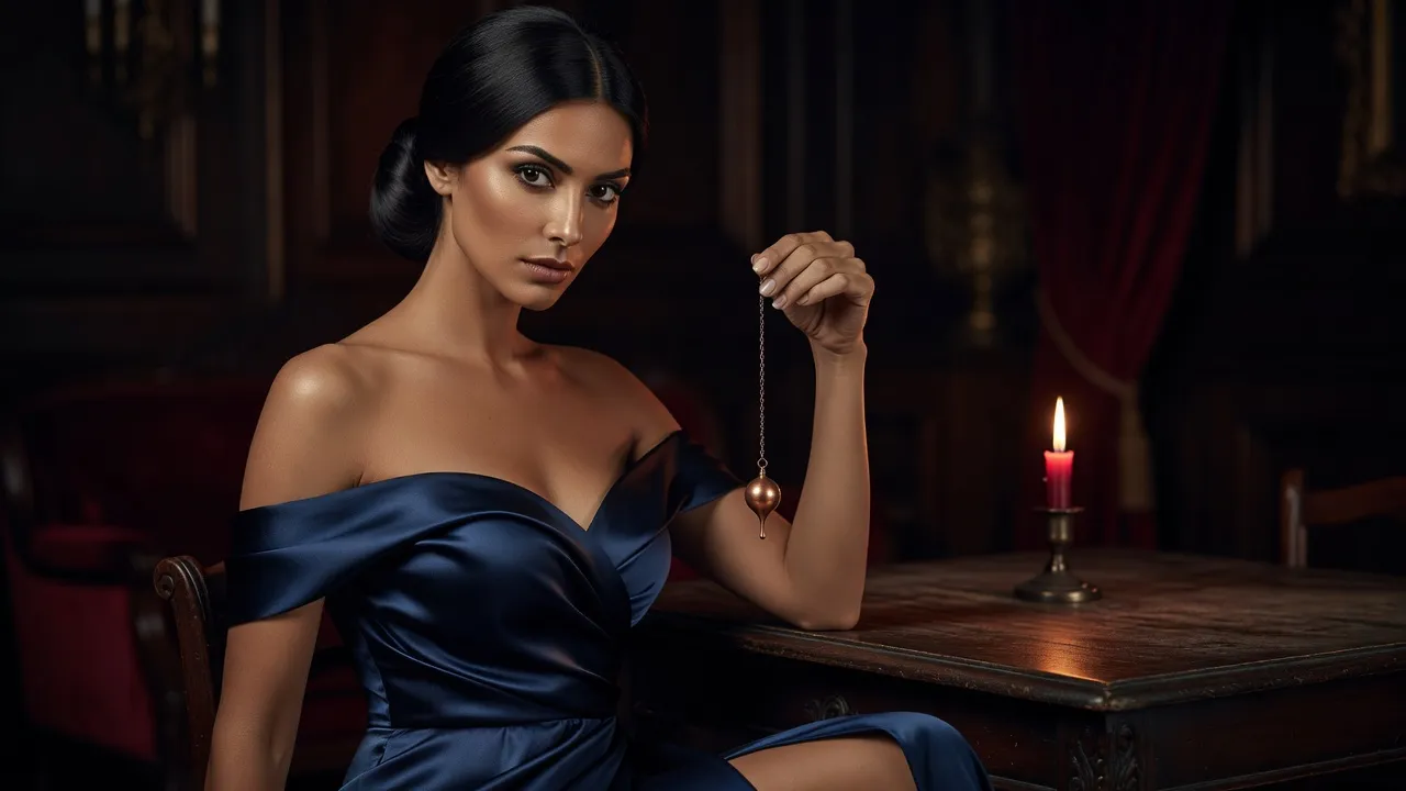 Femme aux cheveux noirs en robe du soir bleu nuit, épaules dénudées, tenant un pendule de cuivre entre deux doigts, dans la moitié gauche du cadre, à la lueur d'une bougie