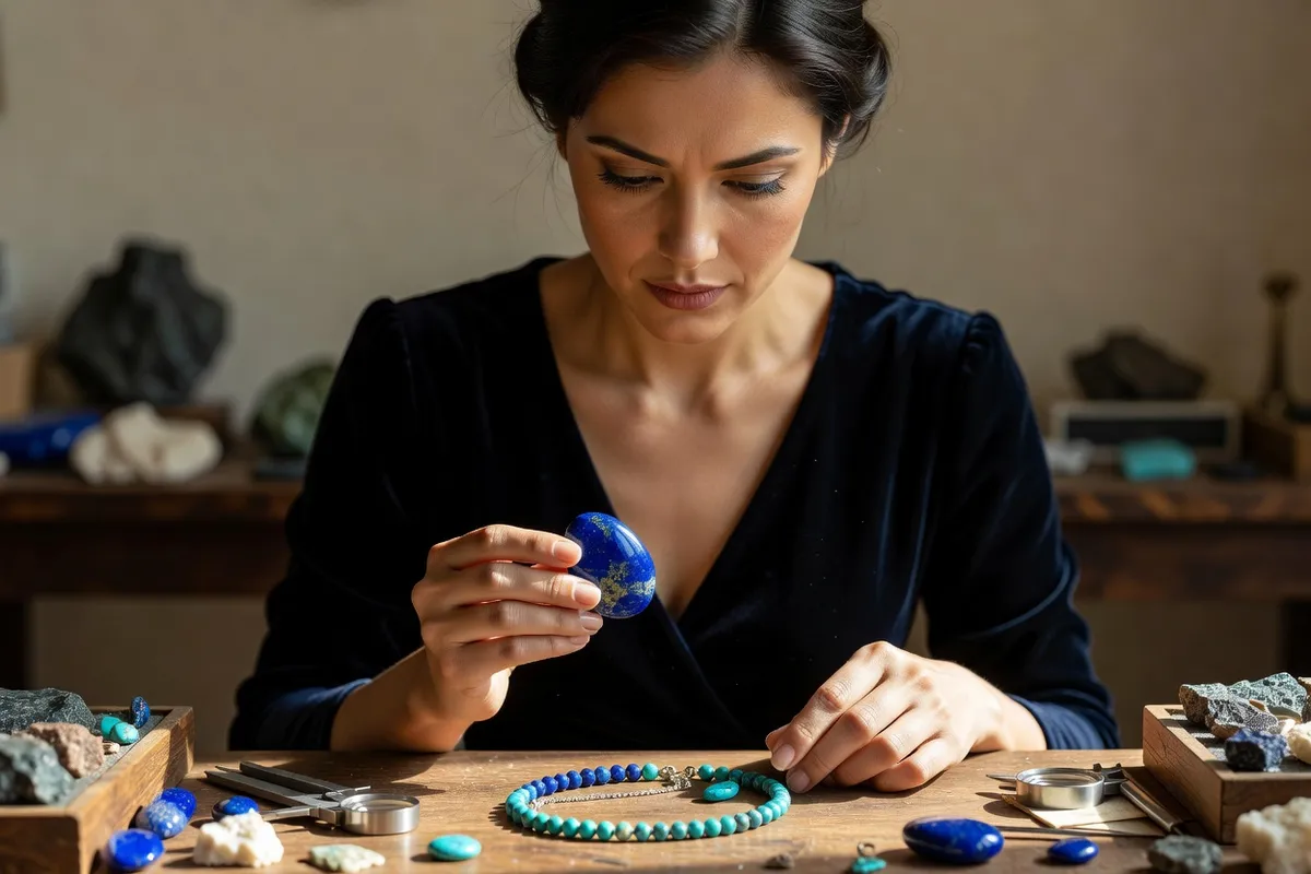 Femme aux cheveux relevés examinant un cabochon de lapis-lazuli et un collier de turquoises dans un atelier de lapidaire