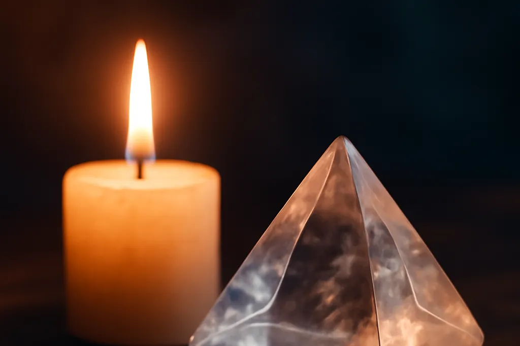 Pyramide de cristal de roche posée près d'une bougie allumée sur une table de bois sombre