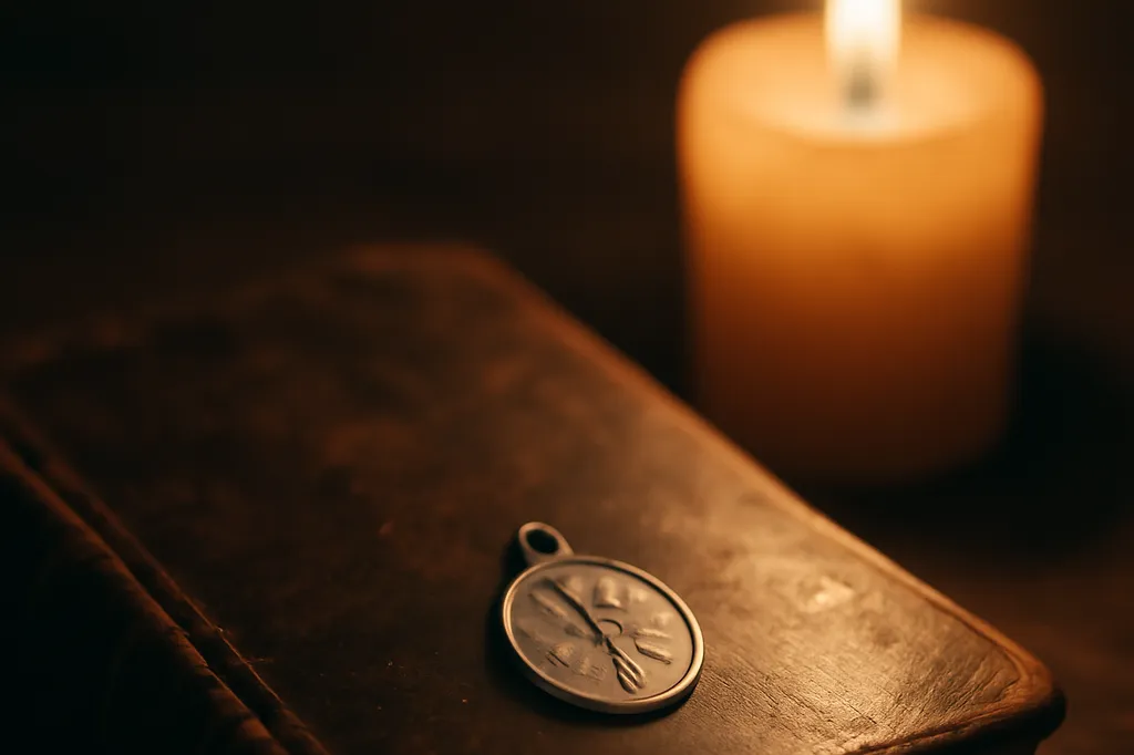 Médaille en argent gravée d'une croix, posée sur un vieux livre à côté d'une bougie allumée, sur une table en bois sombre