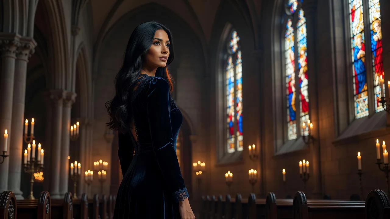 Femme aux cheveux noirs en robe de velours bleu nuit à manches longues, debout dans une nef éclairée par des bougies, regard levé vers les vitraux