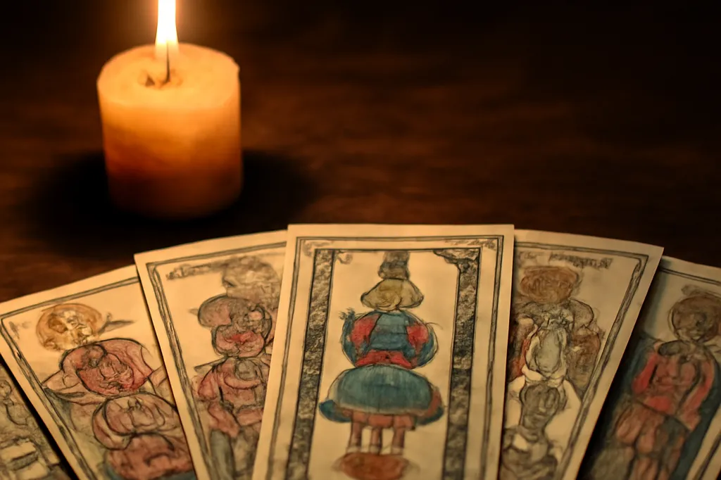 Cartes de tarot anciennes gravées et colorées, étalées sur une table de bois sombre à la lueur d'une bougie, sans lettrage lisible