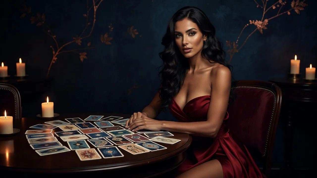Femme aux cheveux noirs en robe du soir rouge garance, épaules dénudées, la main posée sur un jeu de cartes de tarot étalées, lumière de bougie et fond bleu nuit